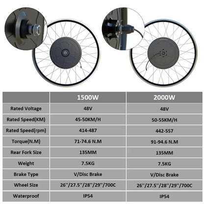 48V 2000W Electric Bike Conversion Kit 28inch 29inch 700C Rear Wheel Brushless Hub Motor Dropout 135mm Ebike Conversion Kit