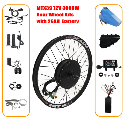 24"/26"/27.5"/29"/700C MTX39 Rear Motor Wheel Conversion Kits | 72V 3000W High-Power Motor with 26AH Large-Capacity Battery